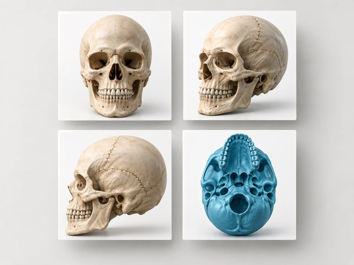 Four skull figure panels arranged as a journal plate