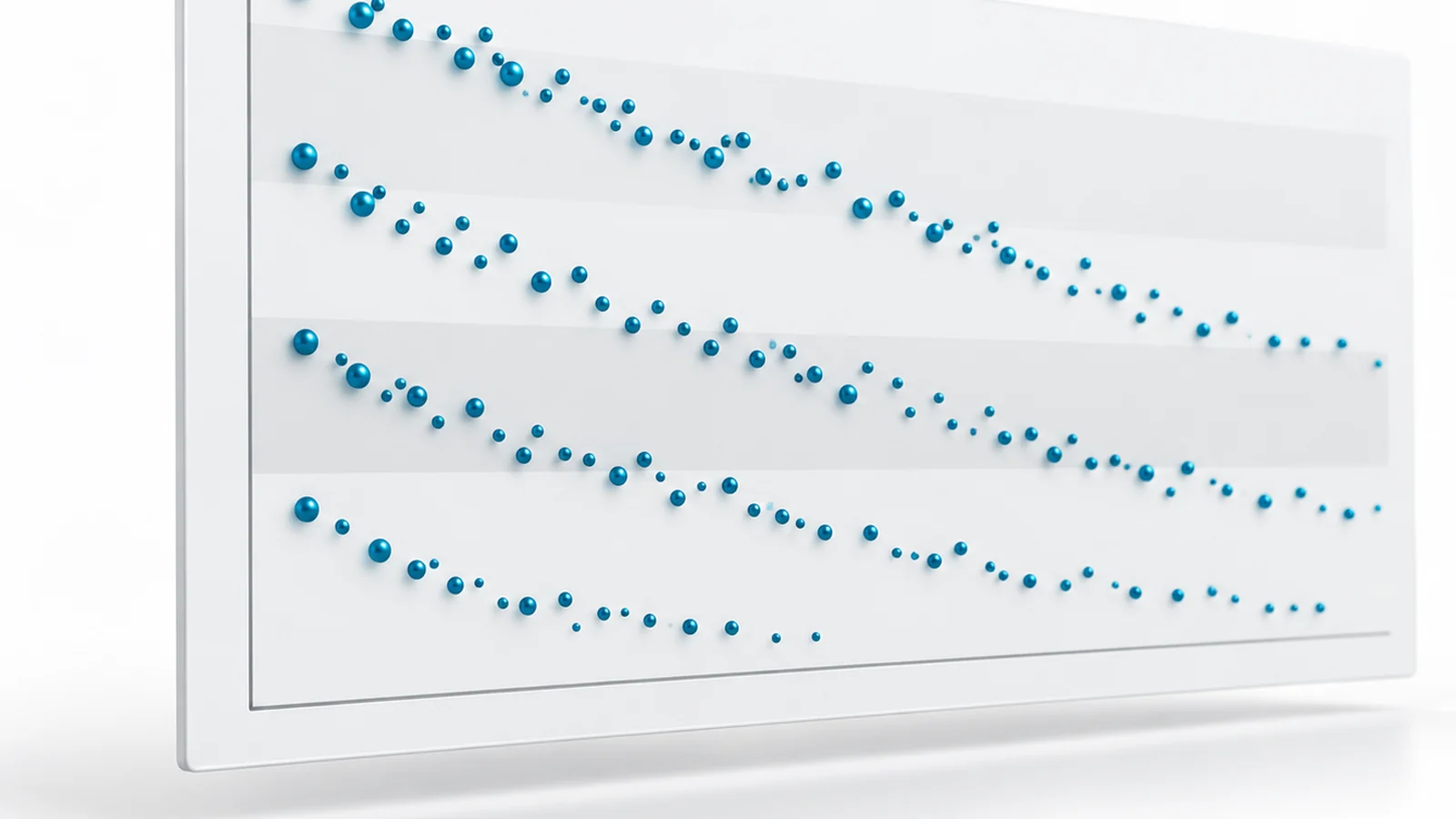 A scatter chart with four downward trajectories in teal