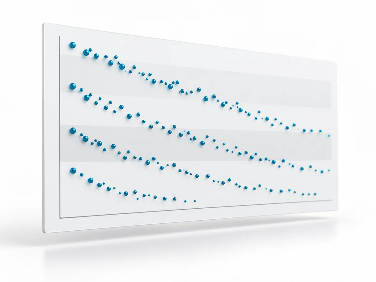 A scatter chart with four downward trajectories in teal
