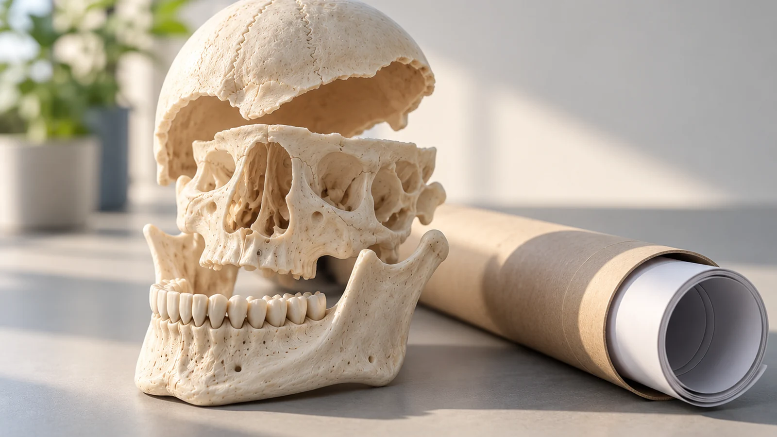Printed anatomical models beside a poster tube
