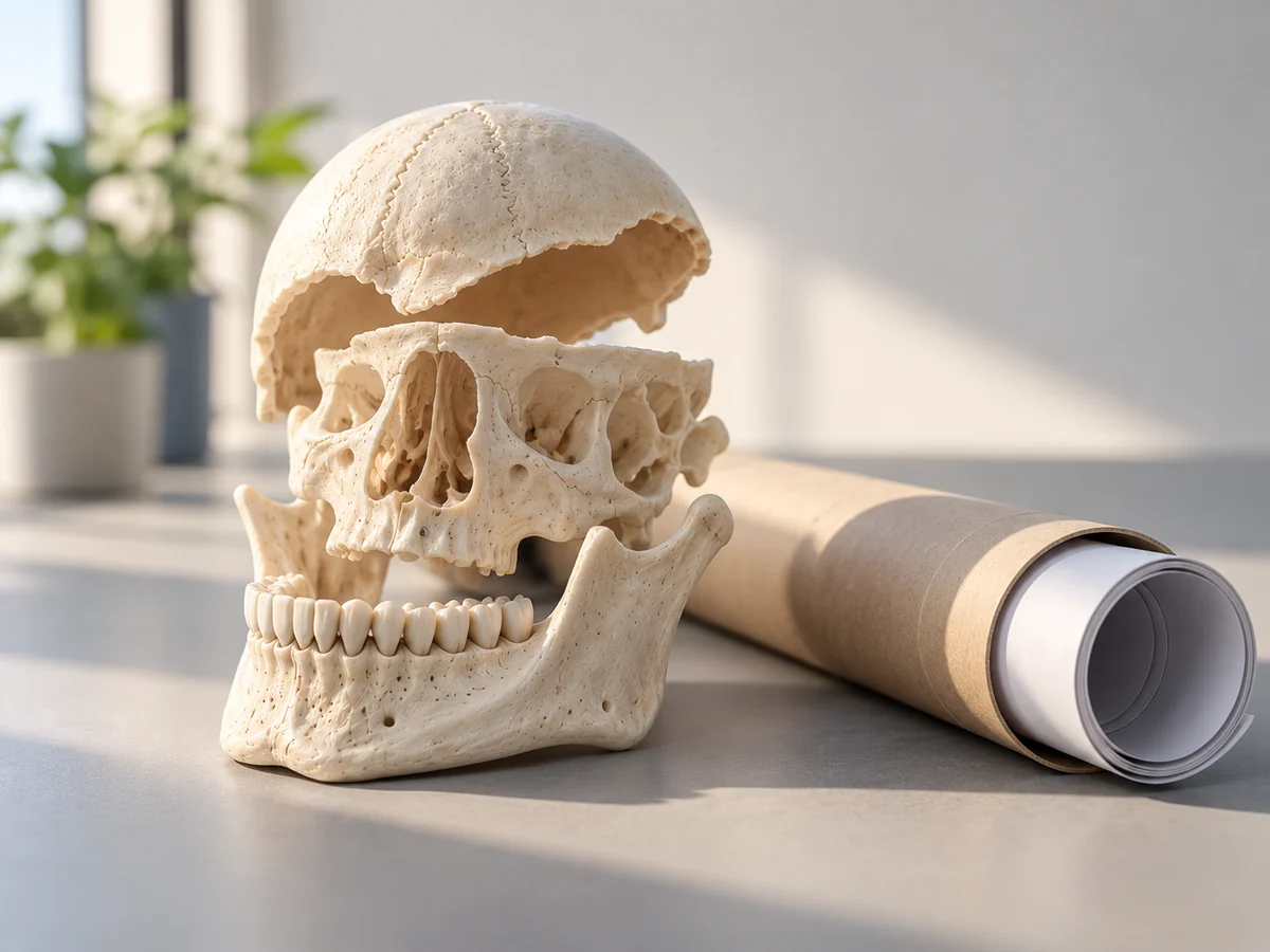Printed anatomical models beside a poster tube